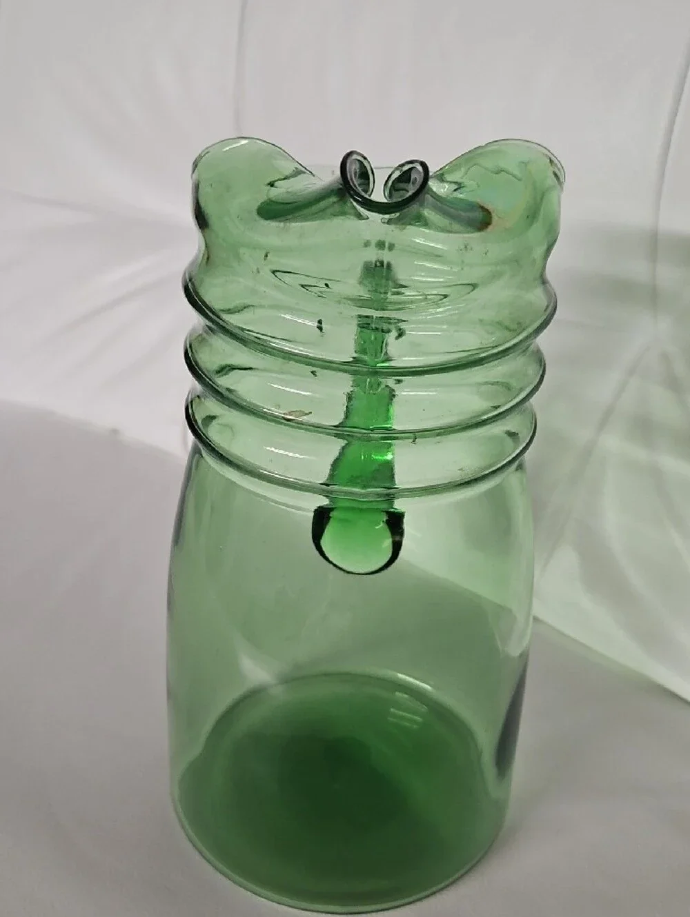 Green Glass Pitcher with Curved Handle